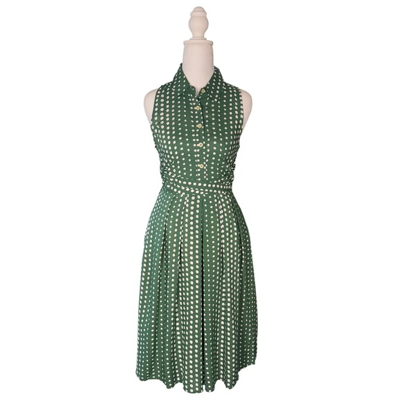 NWT Anthropologie TYLHO Green Polka Dot Sleeveless Shirt Dress Midi Waist Tie XS - Picture 2 of 9
